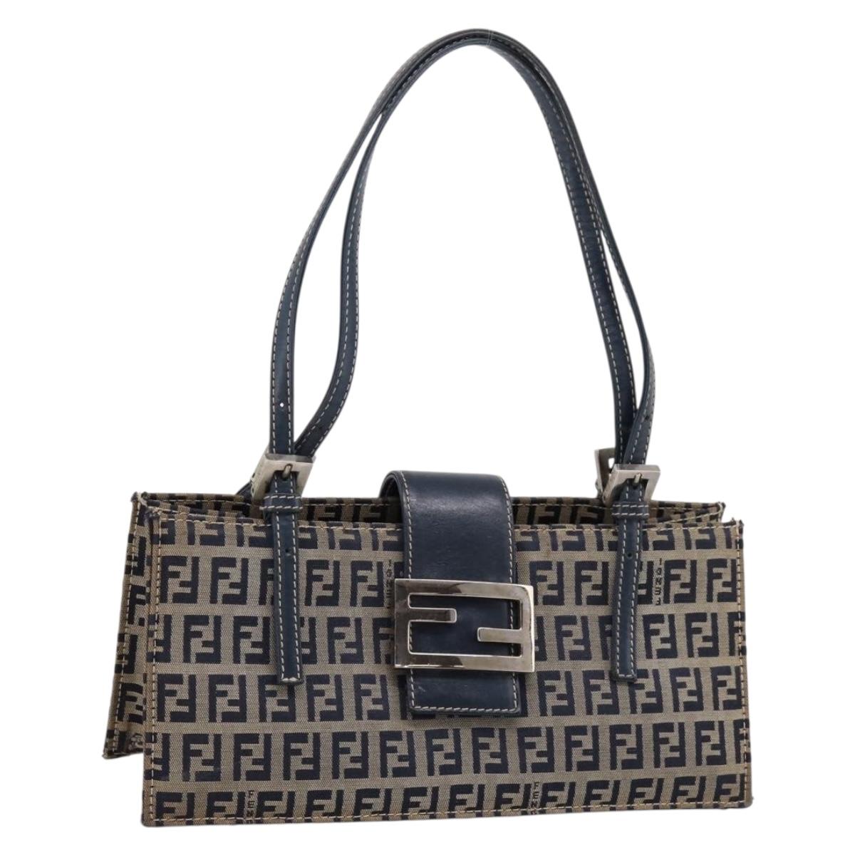 FENDI Zucchino Canvas Mamma Baguette Hand Bag Navy Silver Auth 206627