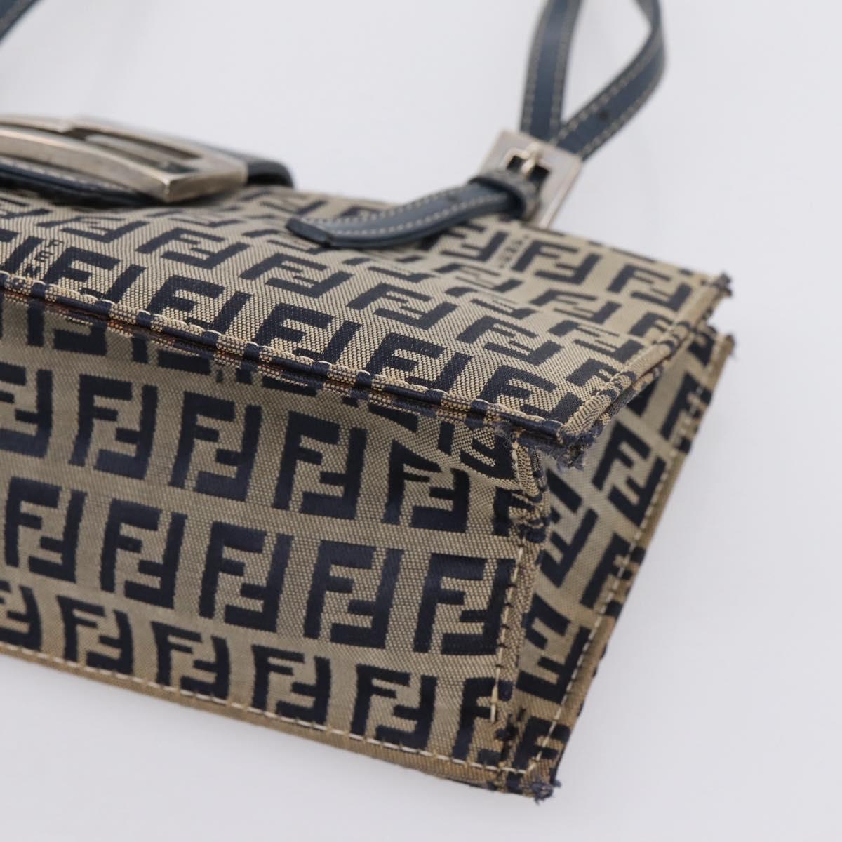 FENDI Zucchino Canvas Mamma Baguette Hand Bag Navy Silver Auth 206627