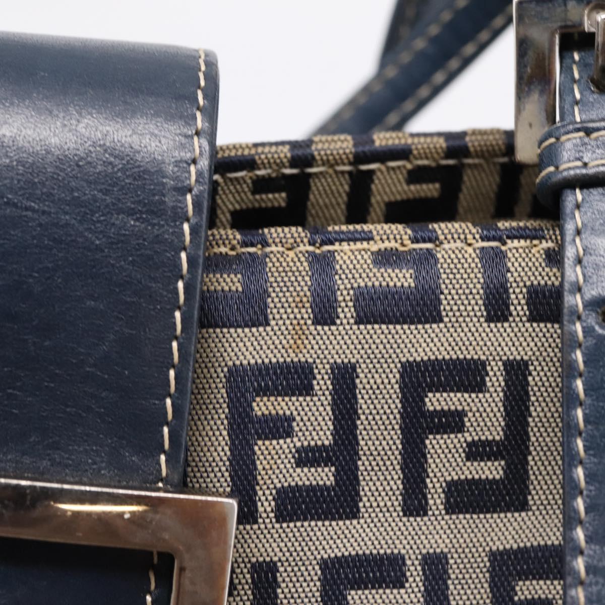 FENDI Zucchino Canvas Mamma Baguette Hand Bag Navy Silver Auth 206627