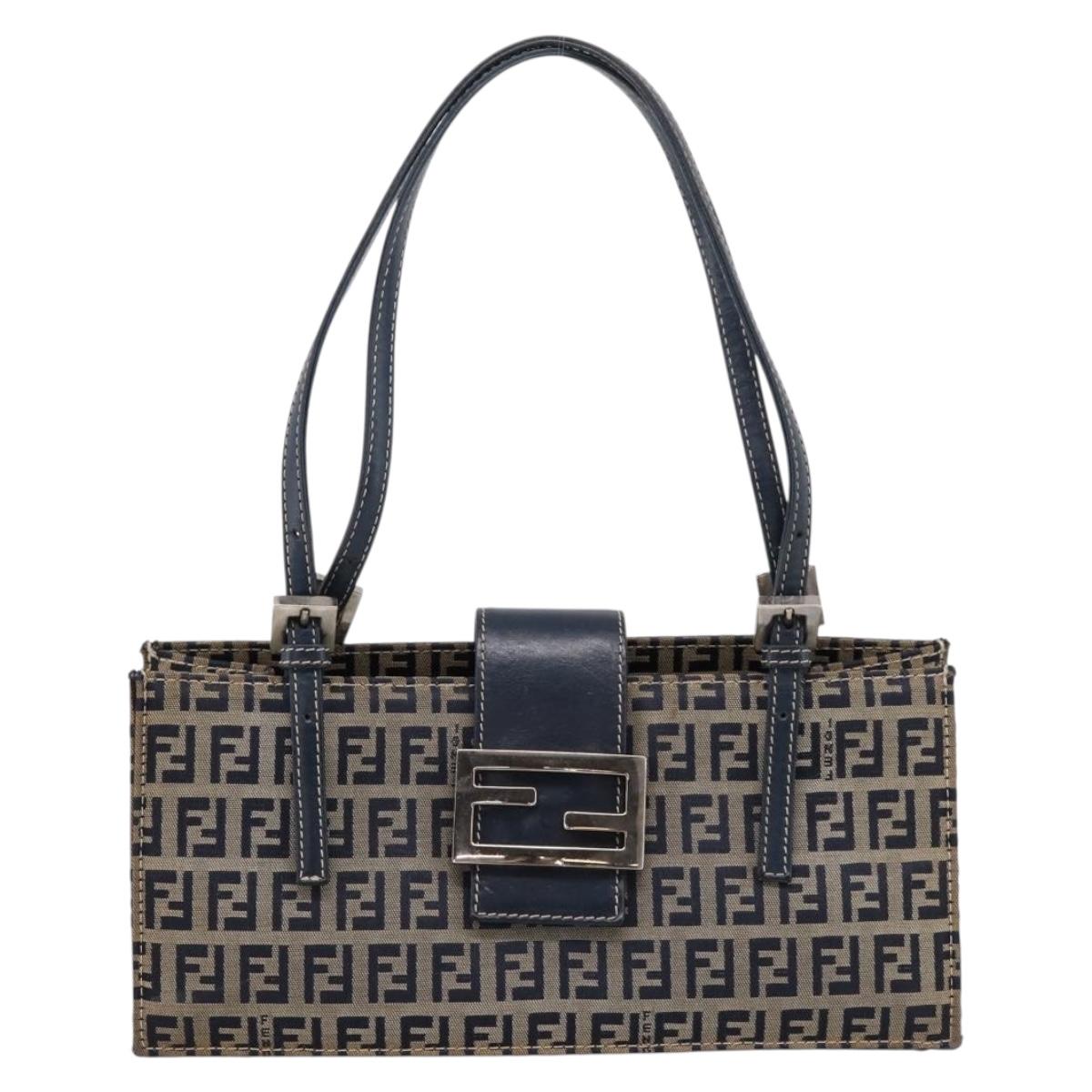 FENDI Zucchino Canvas Mamma Baguette Hand Bag Navy Silver Auth 206627