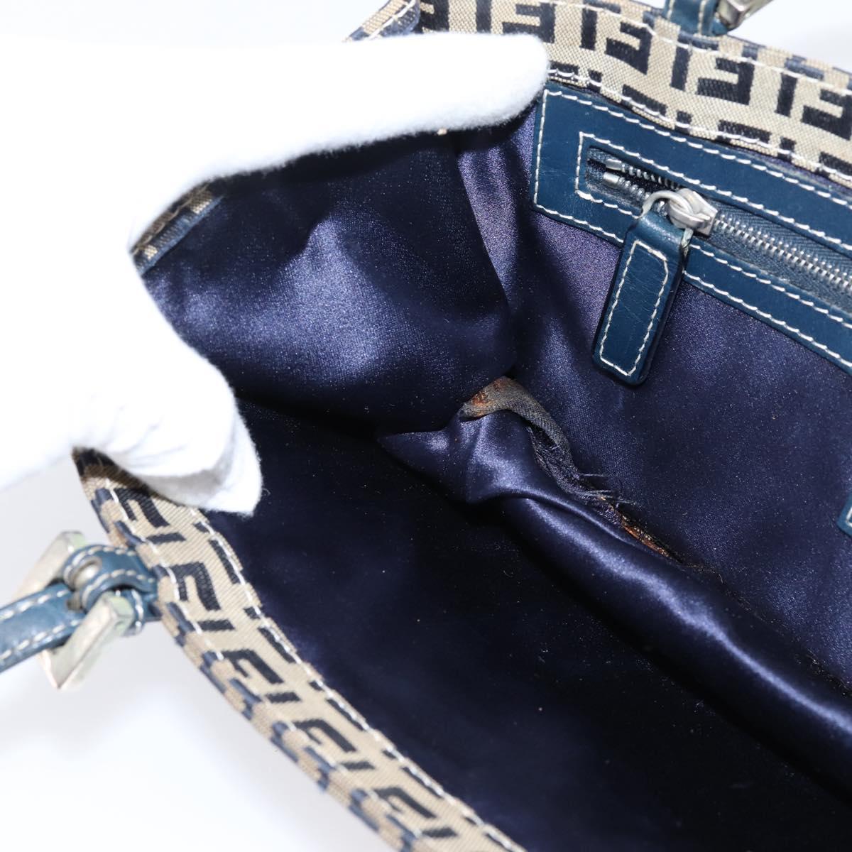 FENDI Zucchino Canvas Mamma Baguette Hand Bag Navy Silver Auth 206627