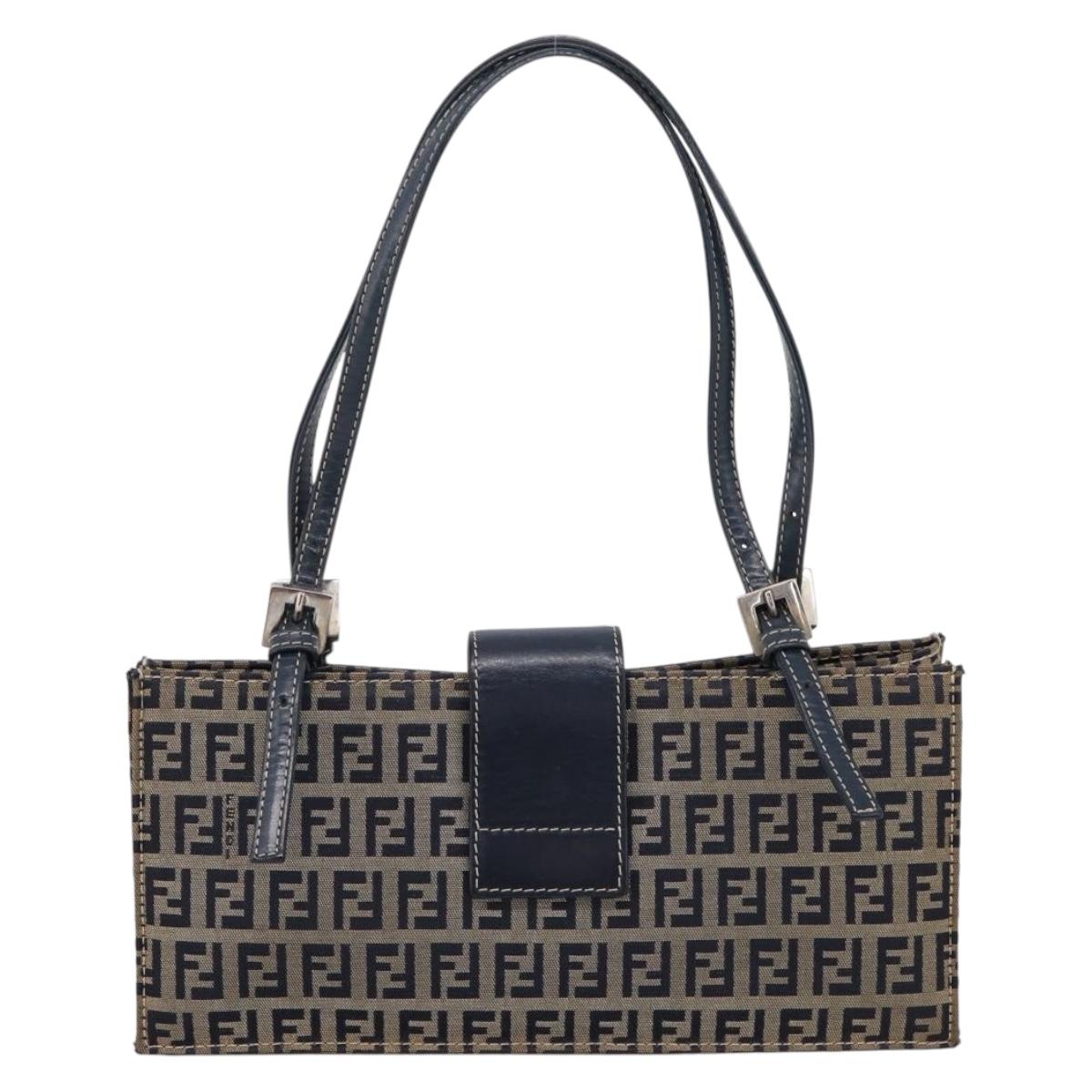 FENDI Zucchino Canvas Mamma Baguette Hand Bag Navy Silver Auth 206627