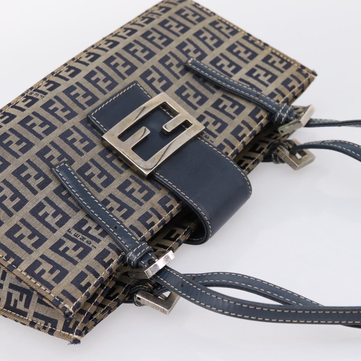 FENDI Zucchino Canvas Mamma Baguette Hand Bag Navy Silver Auth 206627