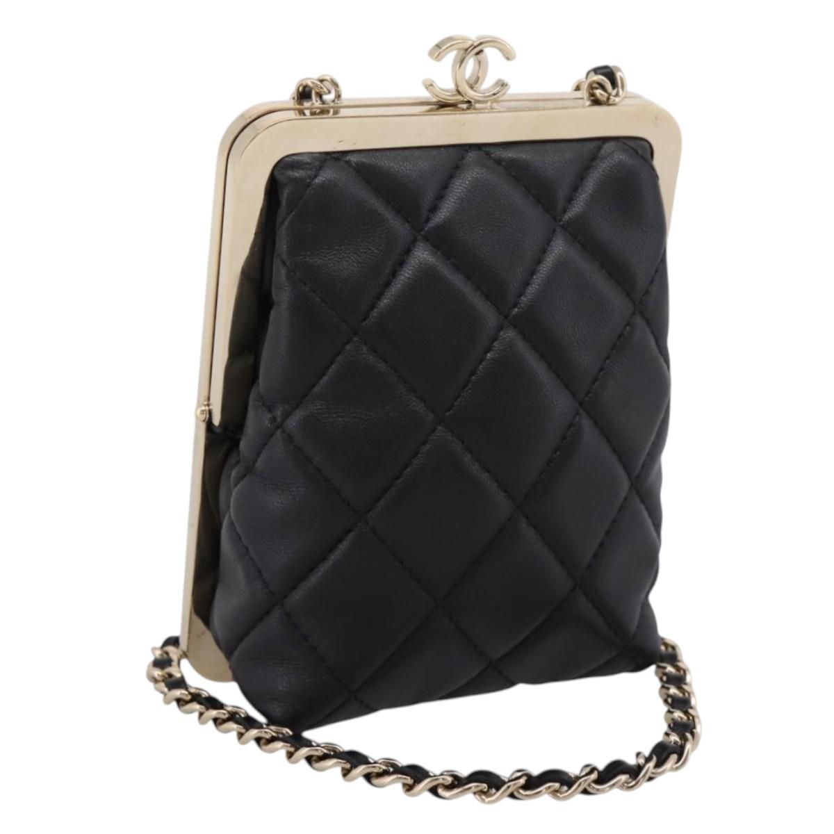 CHANEL Chain Pouch Lamb Skin Black Gold Tone CC Auth 206632SAV