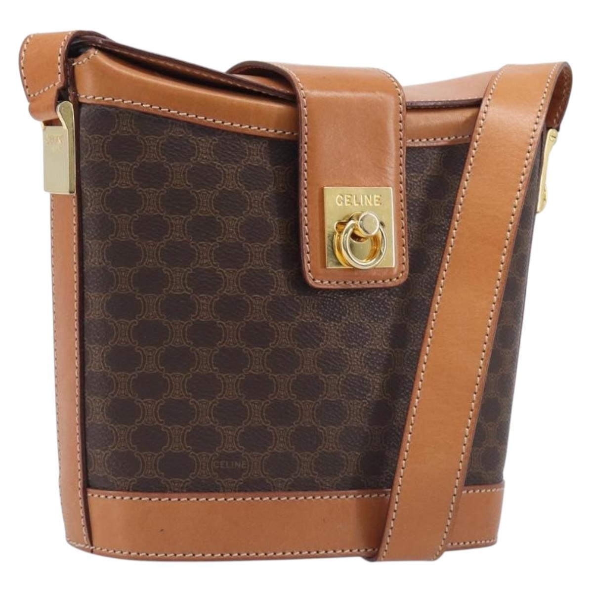 CELINE Macadam Shoulder Bag PVC Brown Gold Tone Auth 206636A