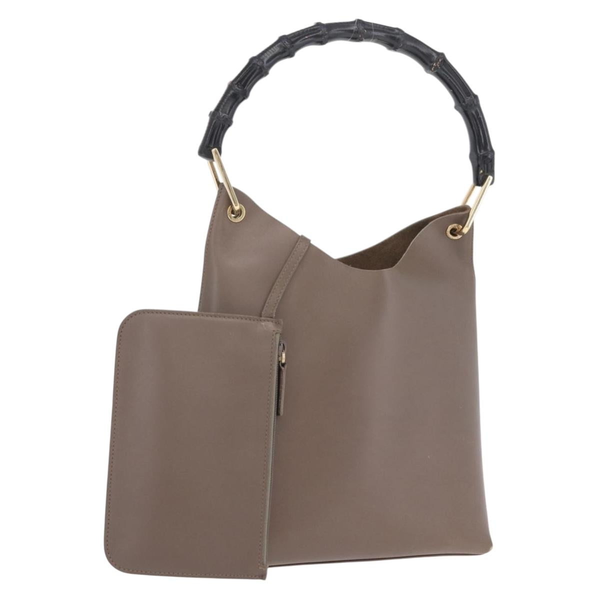 GUCCI Bamboo Hand Bag Leather Gray Gold Tone 001 2058 Auth 206638