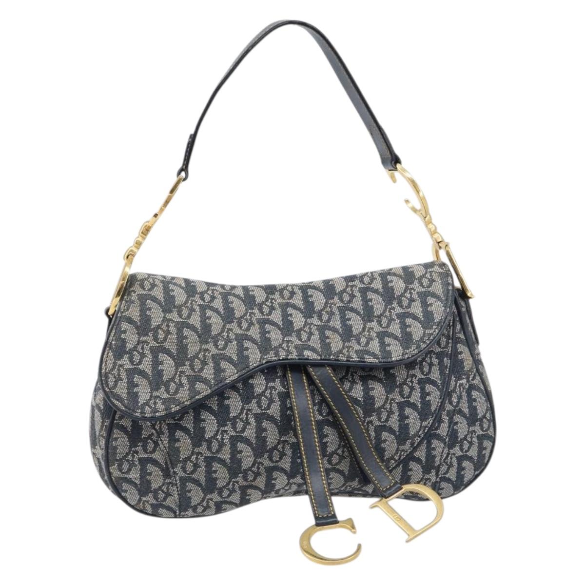 Christian Dior Trotter Canvas Double Saddle Bag Navy Gold Tone Auth 206654V