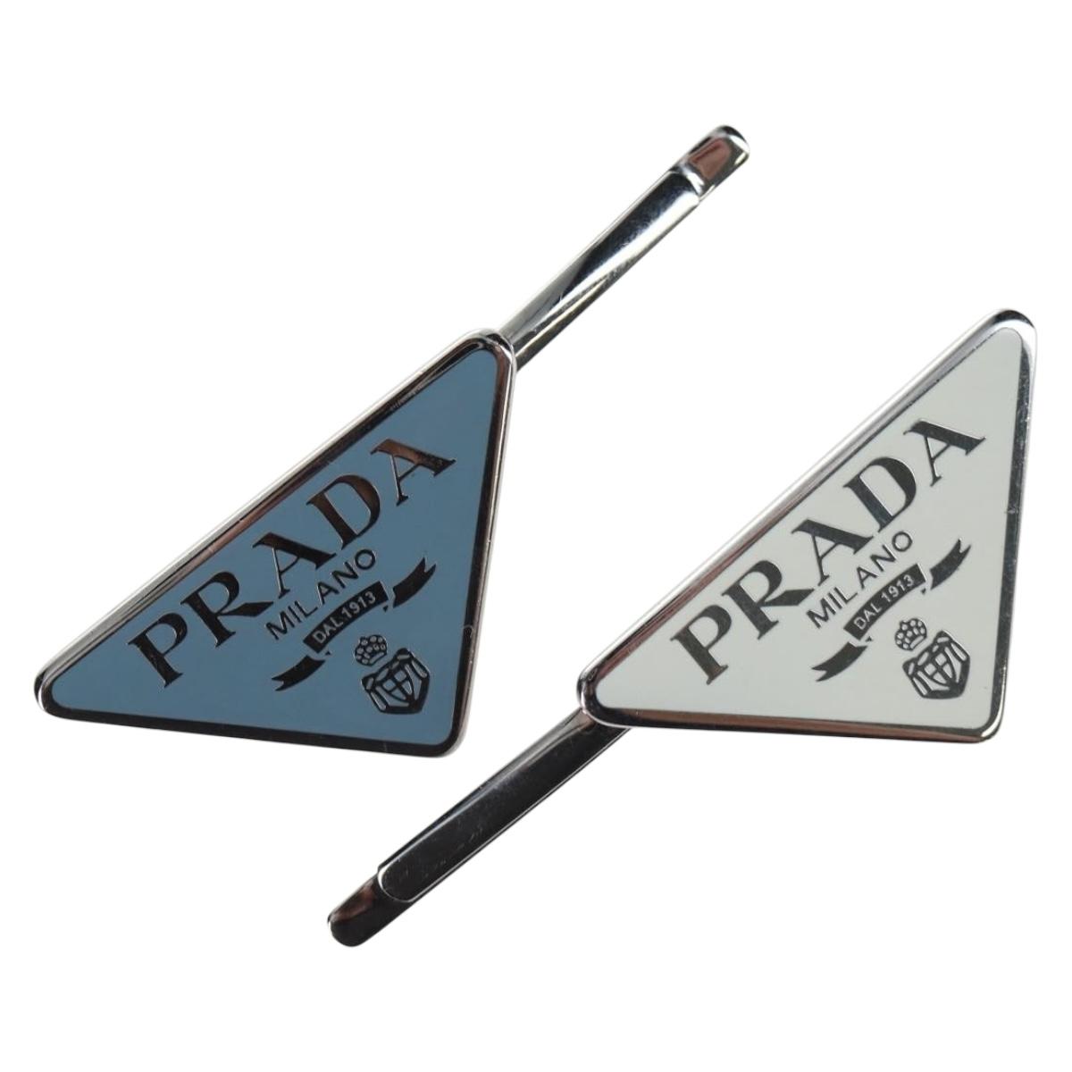 PRADA Hairpins 2 Sets Hair Clip Metal Silver Blue Auth 206677M