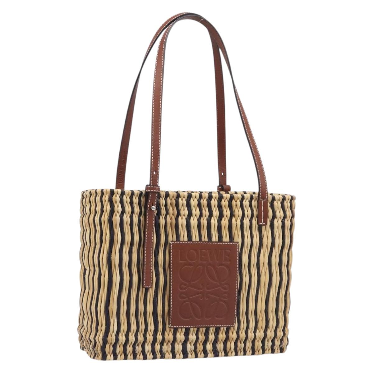 LOEWE Tote Bag Raffia Beige Silver Auth 206724M