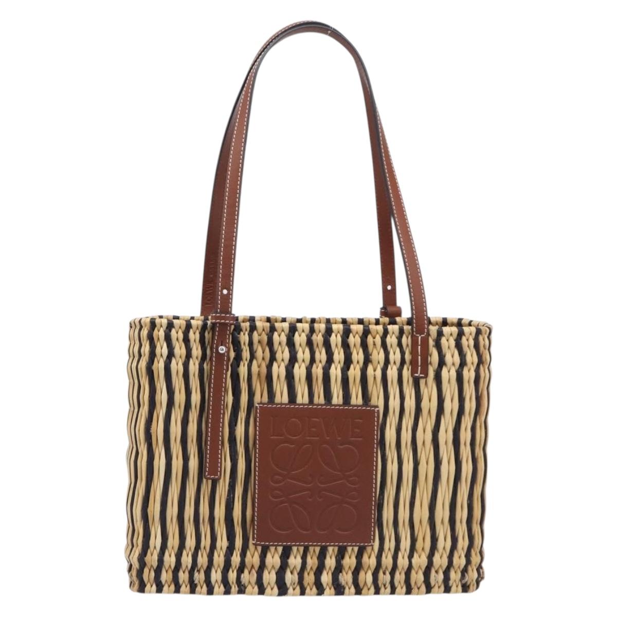 LOEWE Tote Bag Raffia Beige Silver Auth 206724M