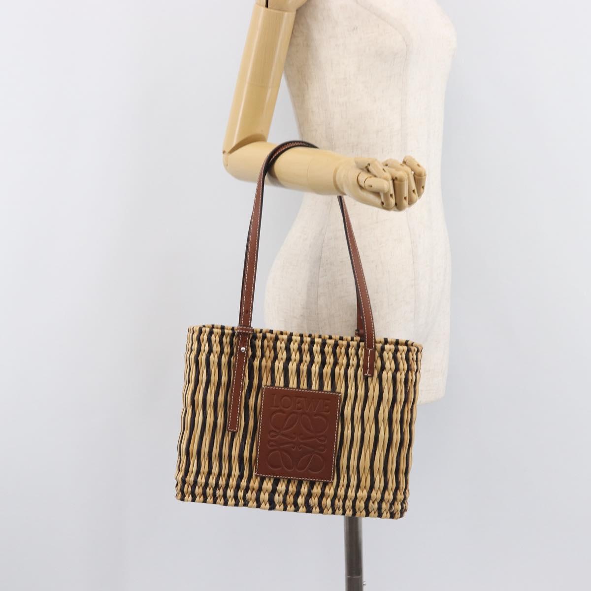LOEWE Tote Bag Raffia Beige Silver Auth 206724M
