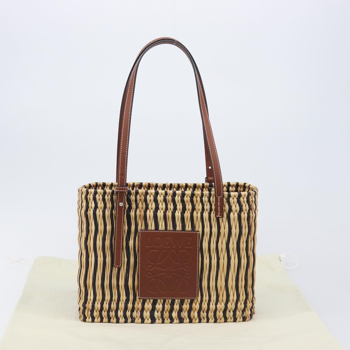 LOEWE Tote Bag Raffia Beige Silver Auth 206724M