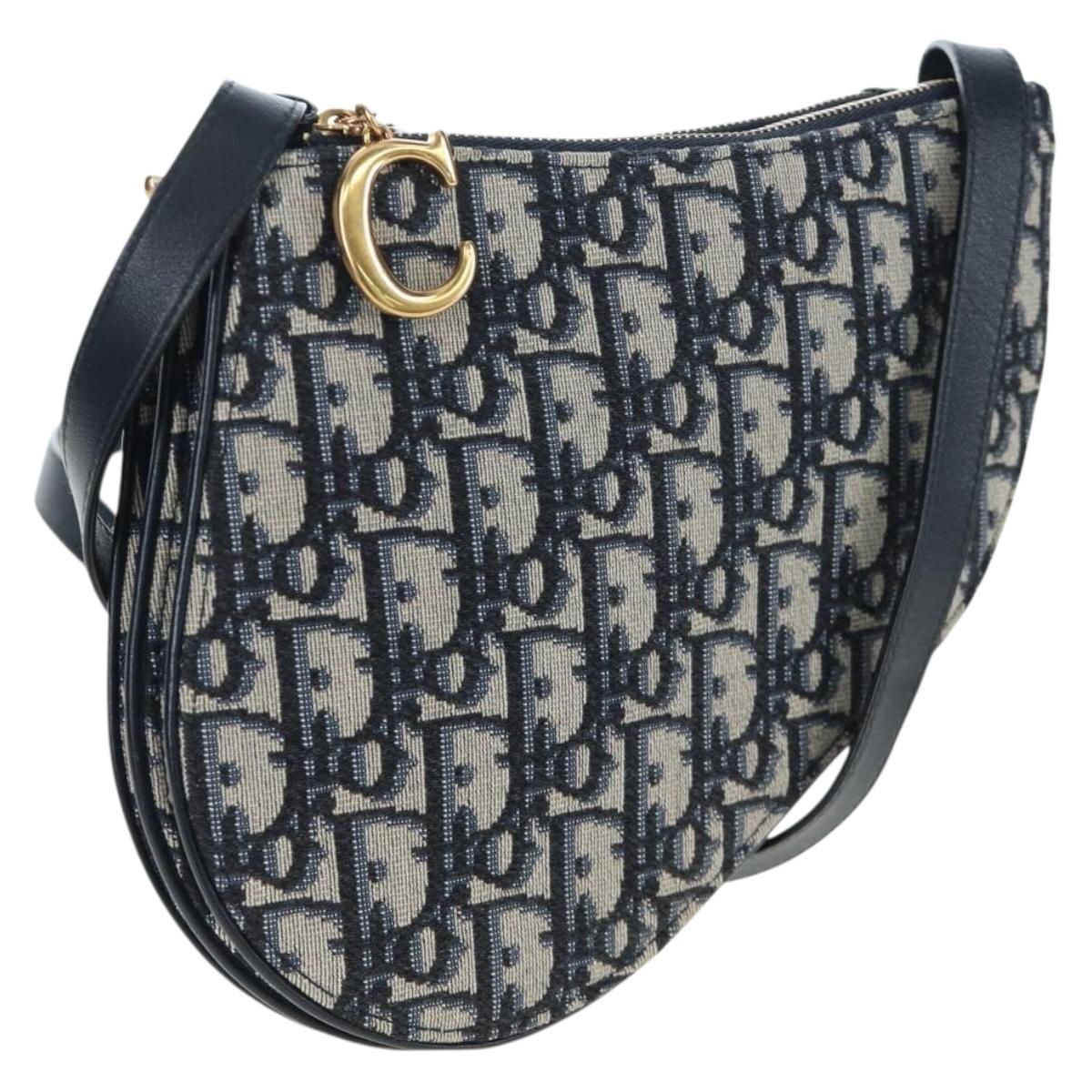 Christian Dior Trotter Canvas Saddle Shoulder Bag Navy Gold Auth 206735V