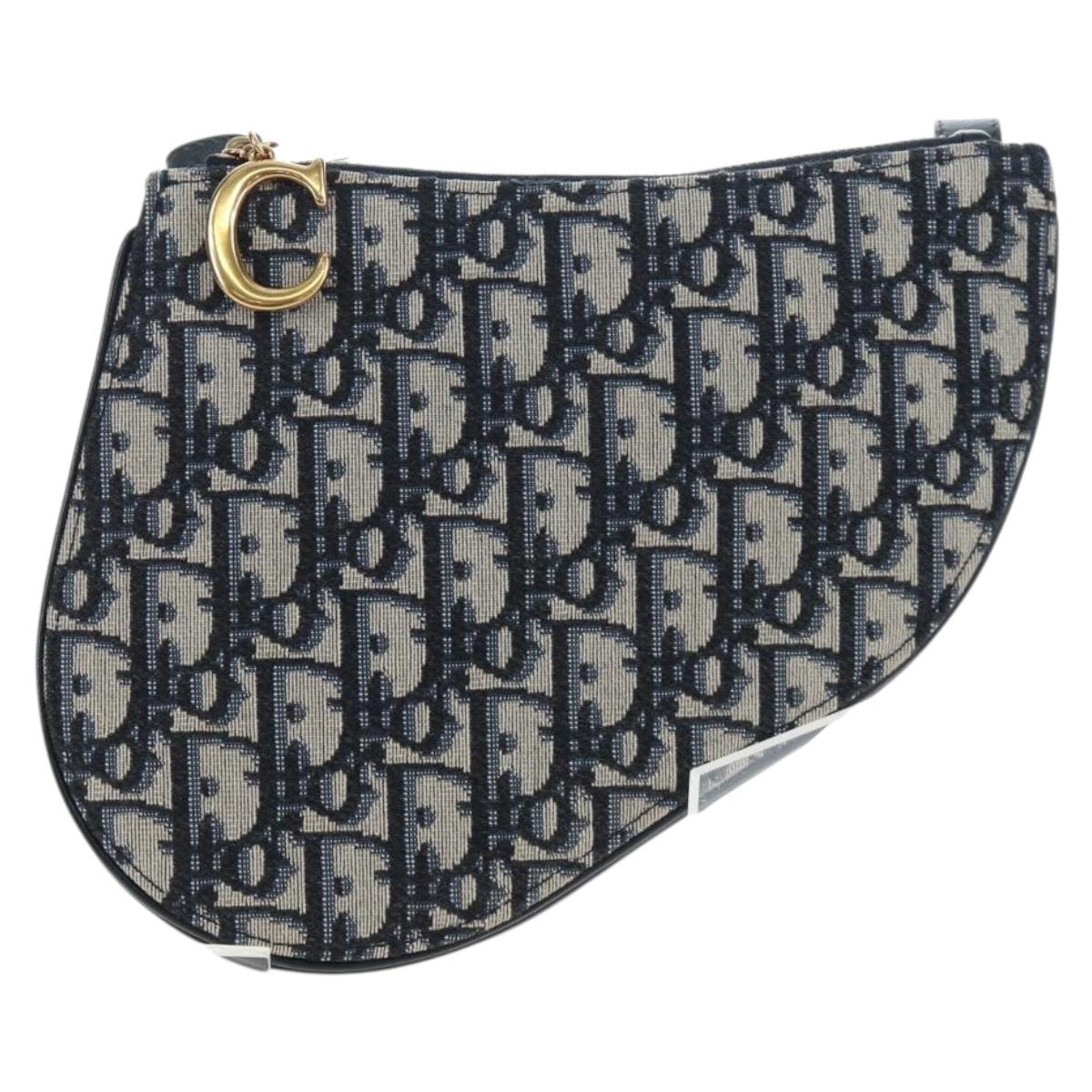 Christian Dior Trotter Canvas Saddle Shoulder Bag Navy Gold Auth 206735V