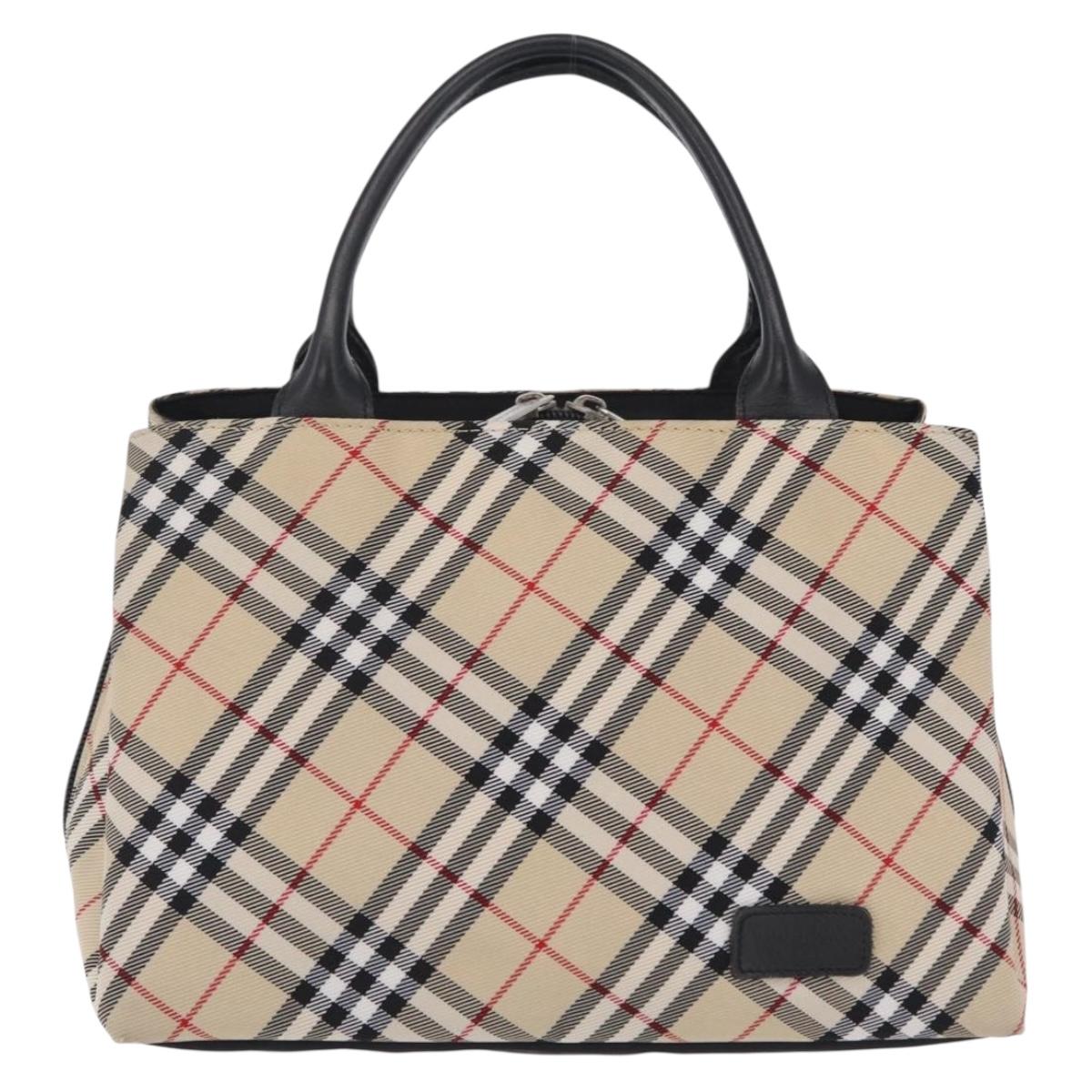 BURBERRY Nova Check Blue Label Hand Bag Nylon Beige Silver Auth 206736A