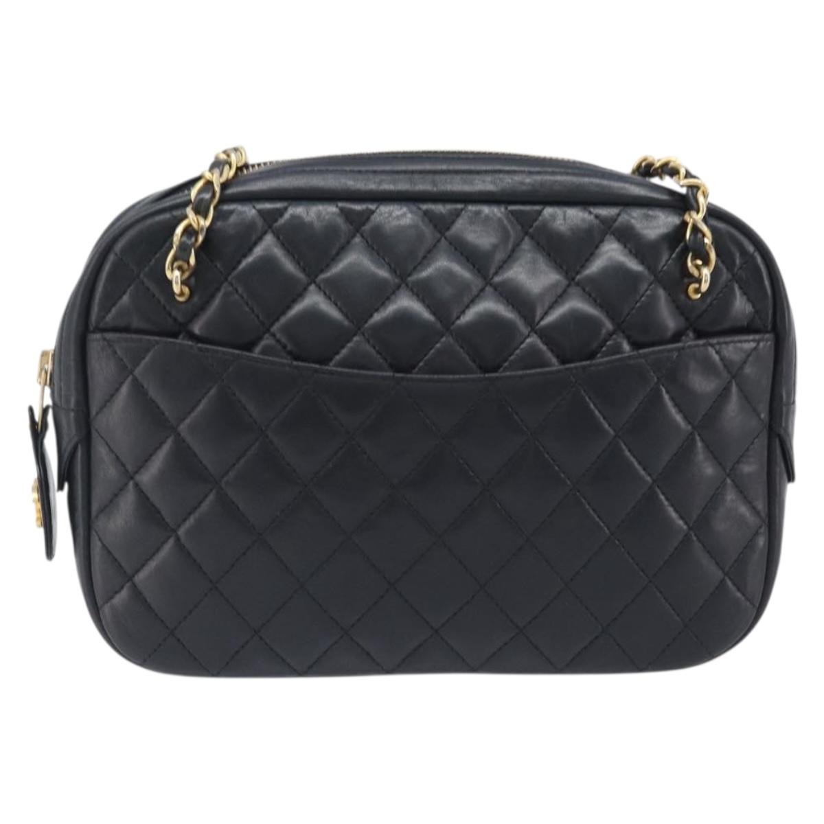 CHANEL Matelasse Chain Shoulder Bag Lamb Skin Black Gold CC Auth 206746A