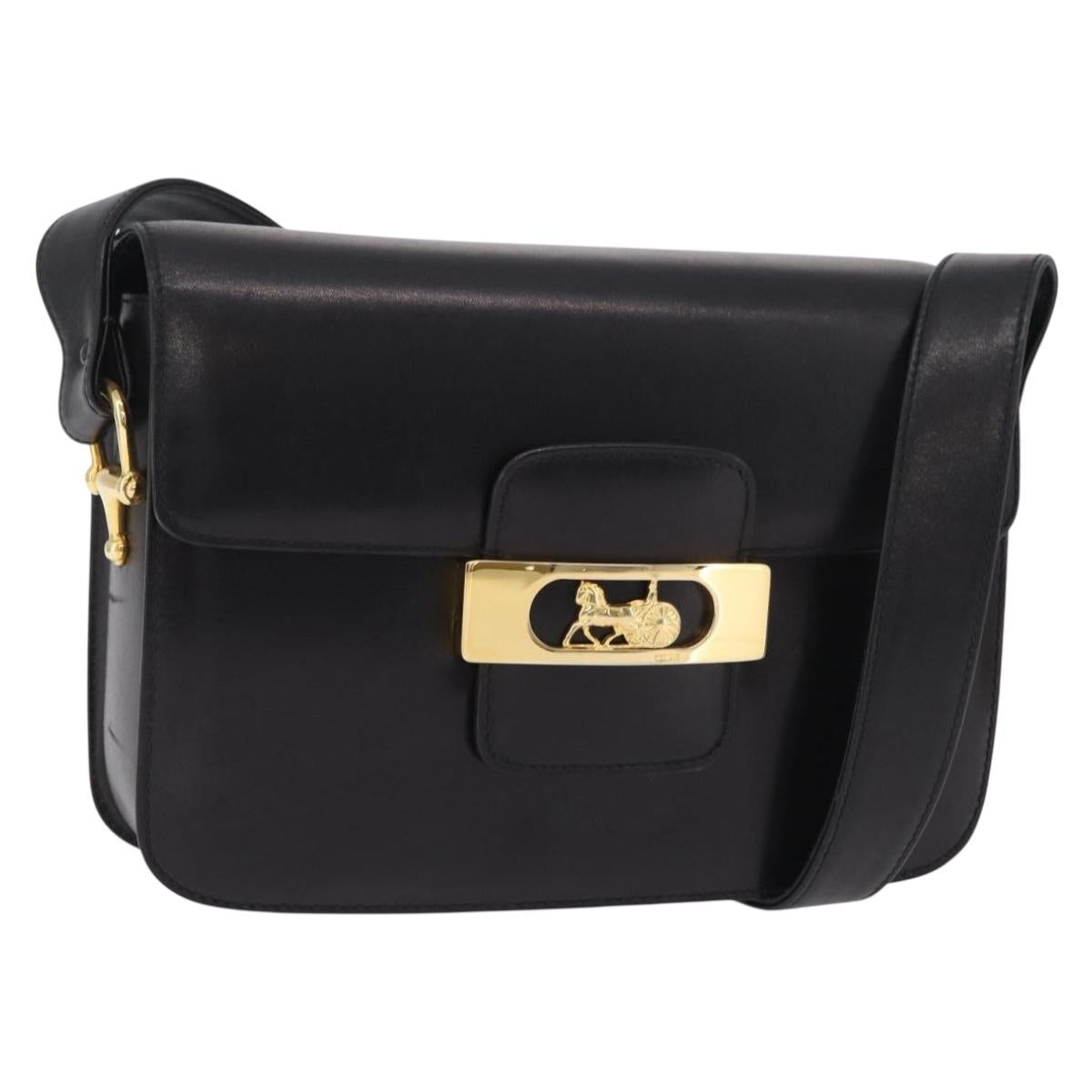 CELINE Horse Carriage Horsebit Shoulder Bag Leather Black Gold Auth 206758V