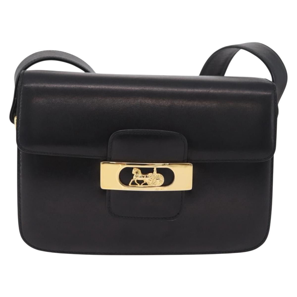 CELINE Horse Carriage Horsebit Shoulder Bag Leather Black Gold Auth 206758V