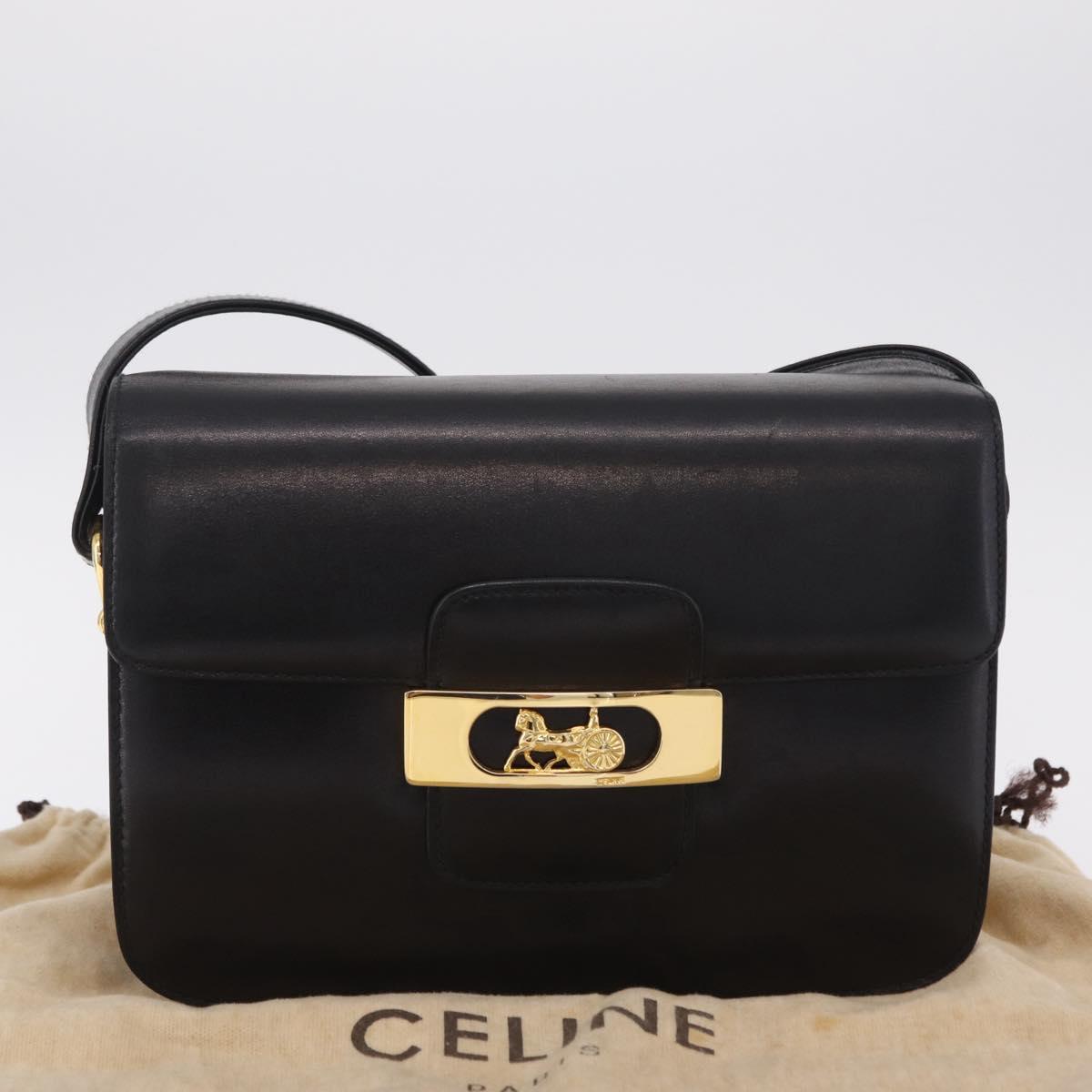 CELINE Horse Carriage Horsebit Shoulder Bag Leather Black Gold Auth 206758V