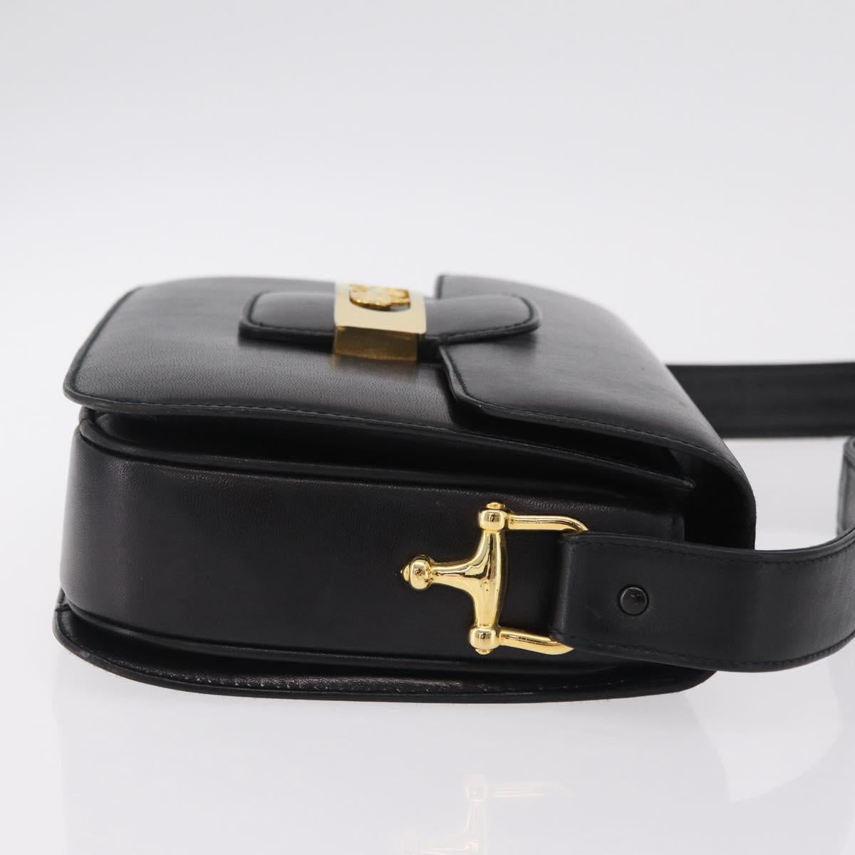 CELINE Horse Carriage Horsebit Shoulder Bag Leather Black Gold Auth 206758V