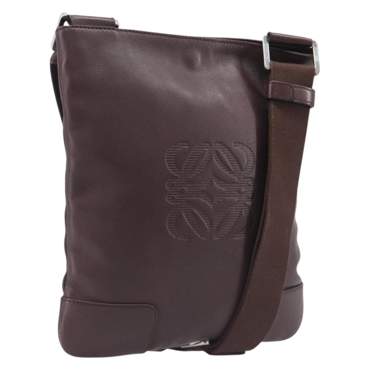 LOEWE Shoulder Bag Leather Brown Silver Auth 206761A