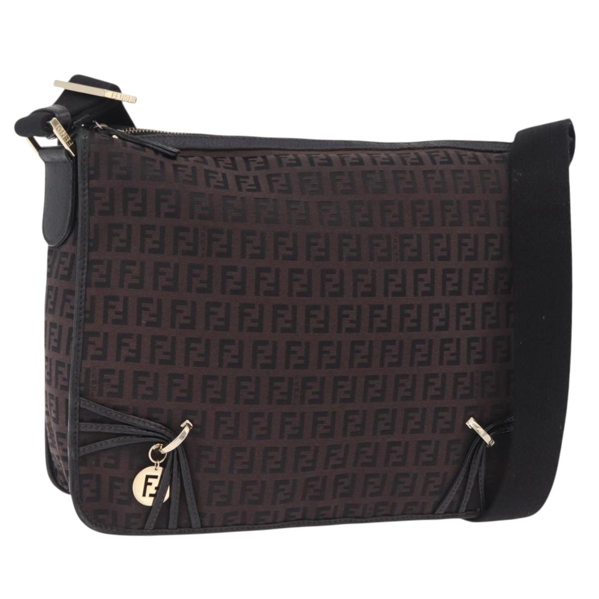 FENDI Zucchino Canvas Shoulder Bag Dark Brown Gold Auth 206775A