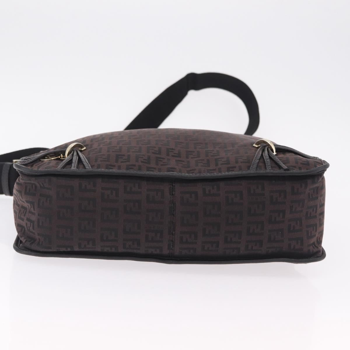 FENDI Zucchino Canvas Shoulder Bag Dark Brown Gold Auth 206775A