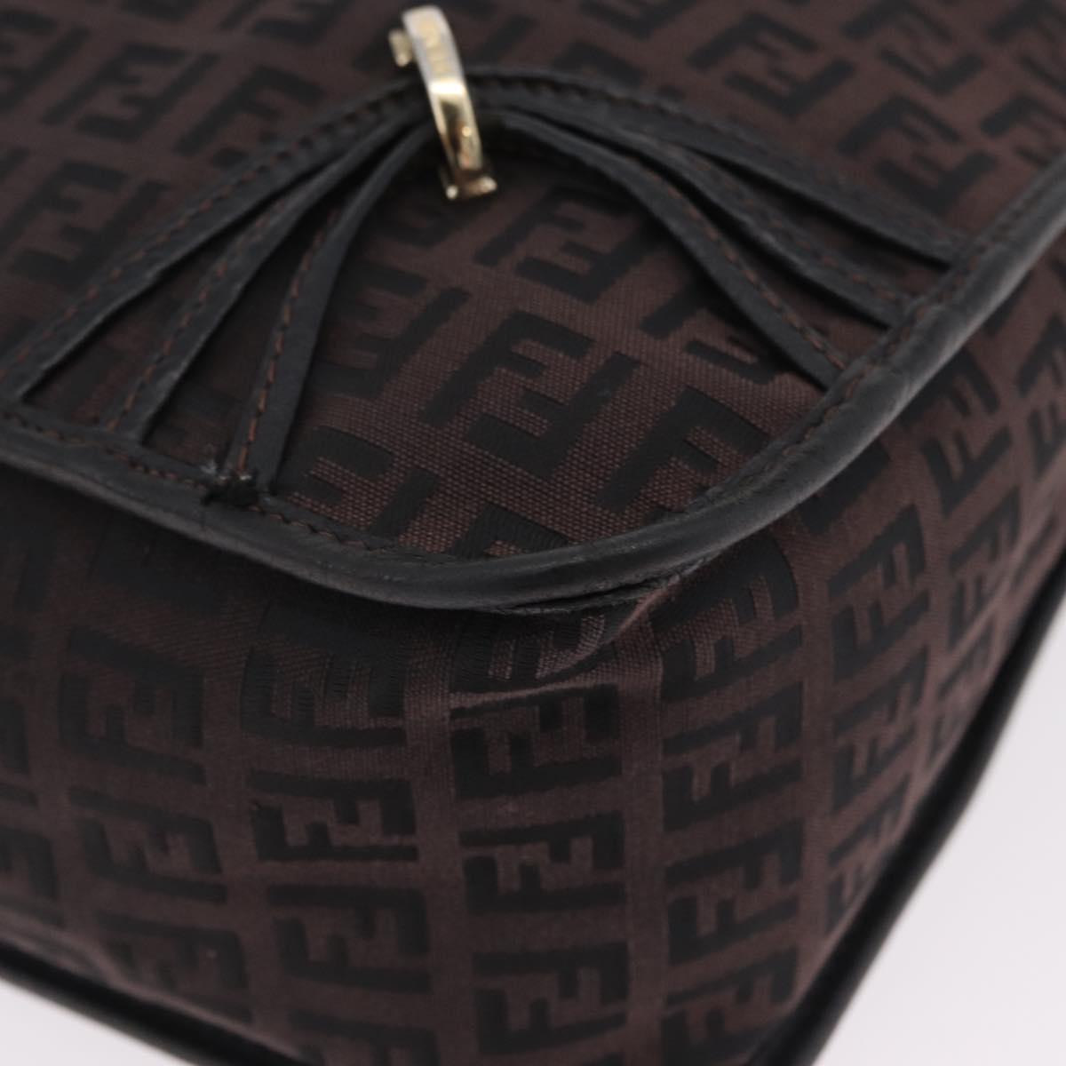 FENDI Zucchino Canvas Shoulder Bag Dark Brown Gold Auth 206775A