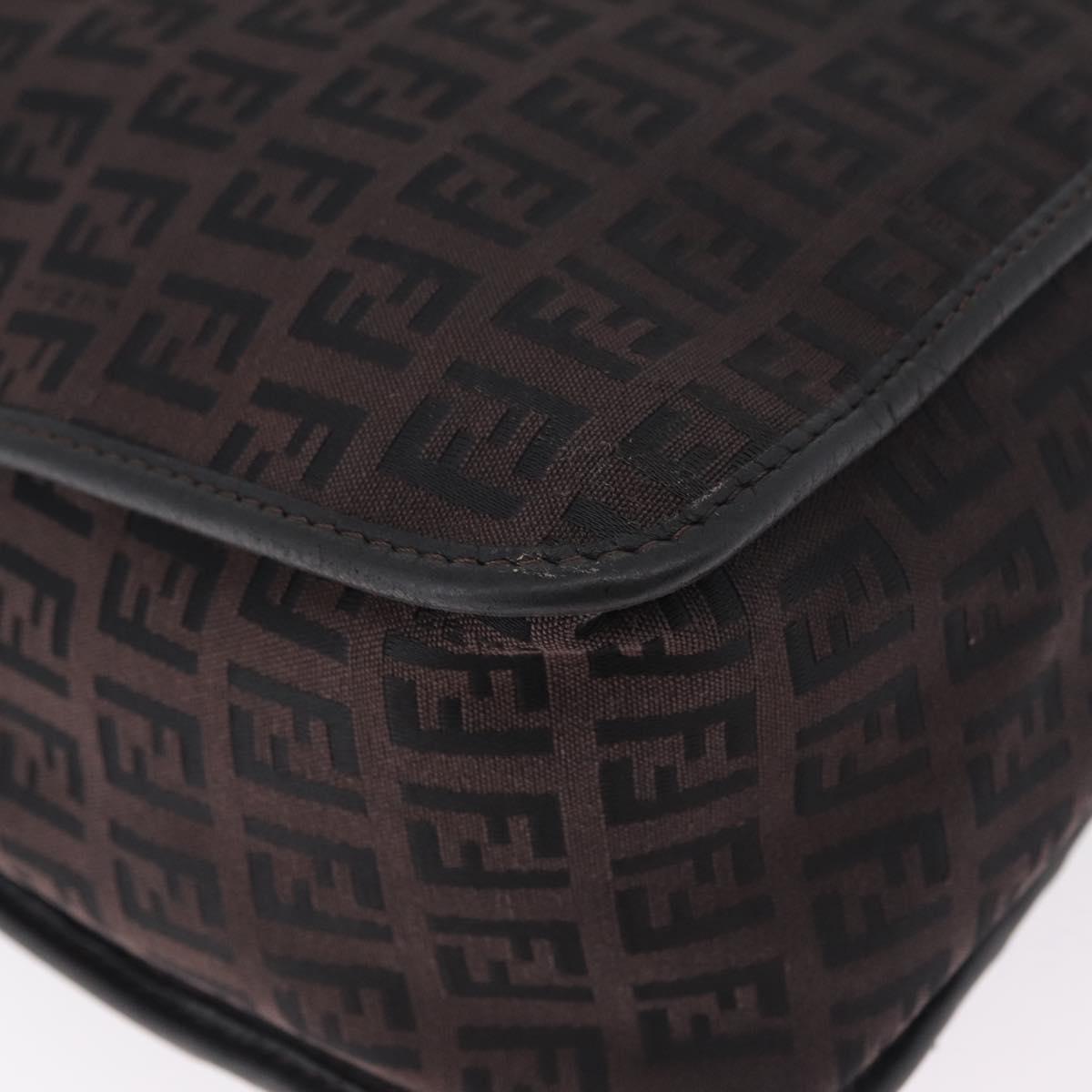 FENDI Zucchino Canvas Shoulder Bag Dark Brown Gold Auth 206775A