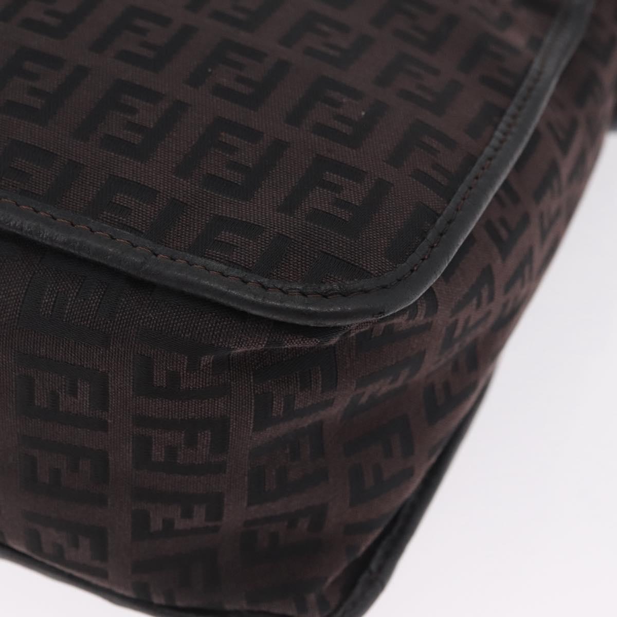 FENDI Zucchino Canvas Shoulder Bag Dark Brown Gold Auth 206775A