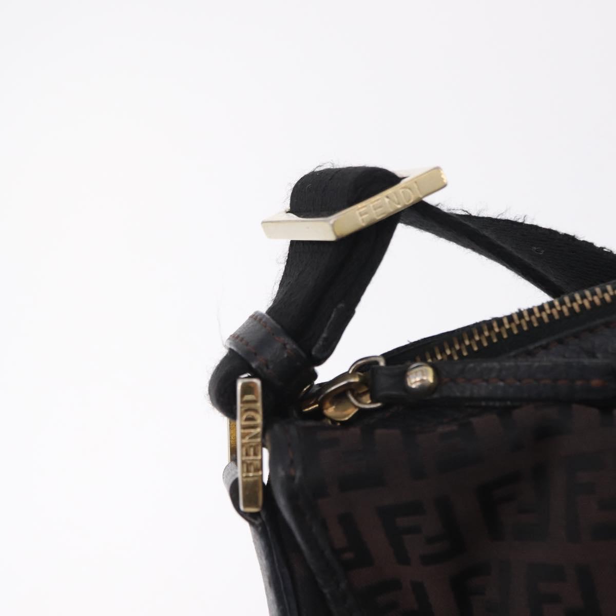 FENDI Zucchino Canvas Shoulder Bag Dark Brown Gold Auth 206775A
