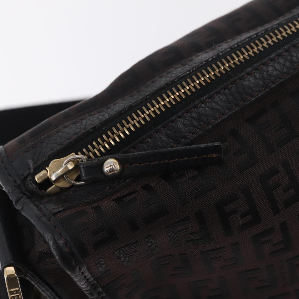 FENDI Zucchino Canvas Shoulder Bag Dark Brown Gold Auth 206775A