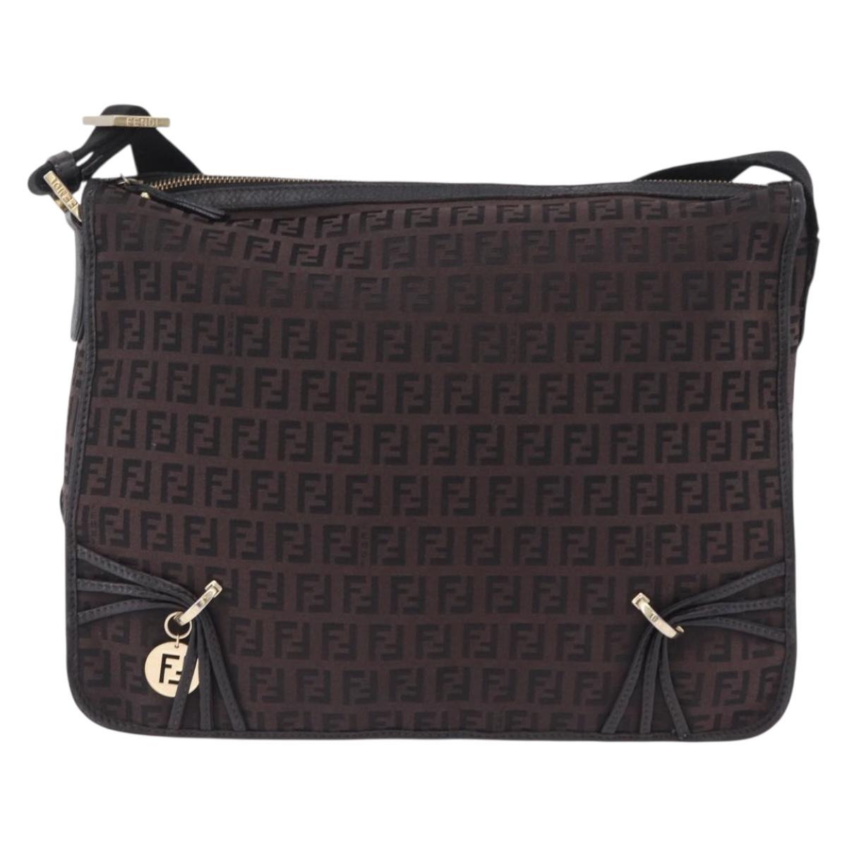 FENDI Zucchino Canvas Shoulder Bag Dark Brown Gold Auth 206775A