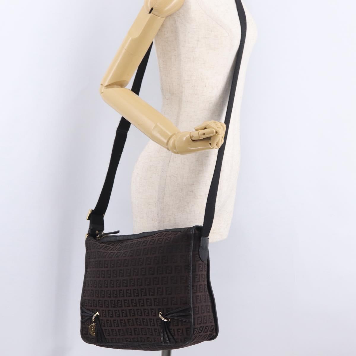 FENDI Zucchino Canvas Shoulder Bag Dark Brown Gold Auth 206775A