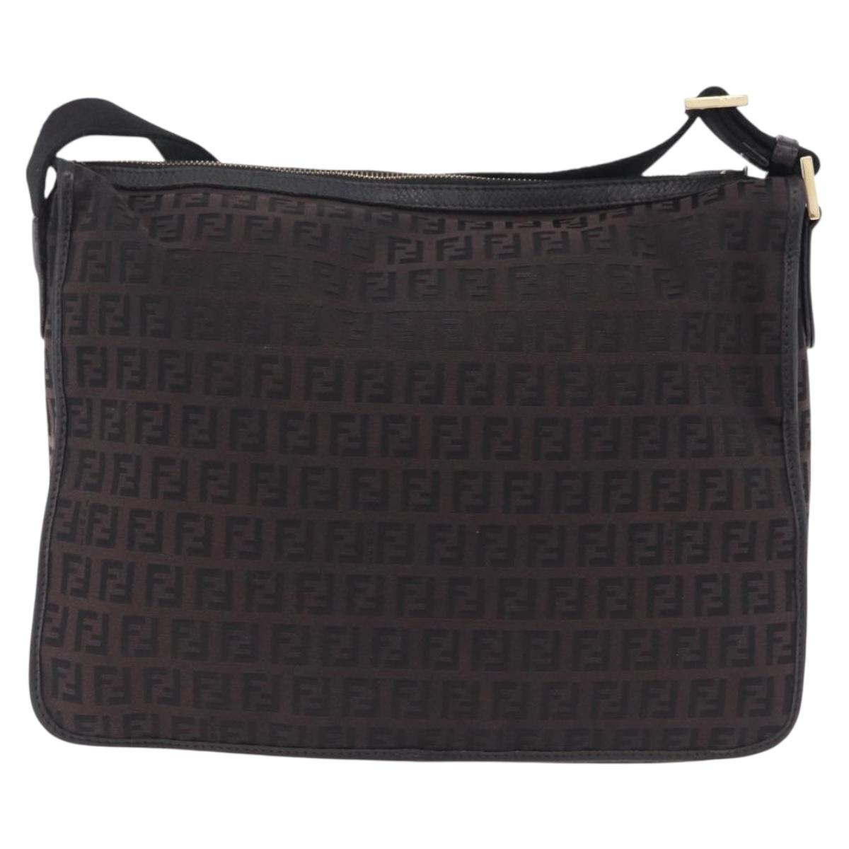 FENDI Zucchino Canvas Shoulder Bag Dark Brown Gold Auth 206775A