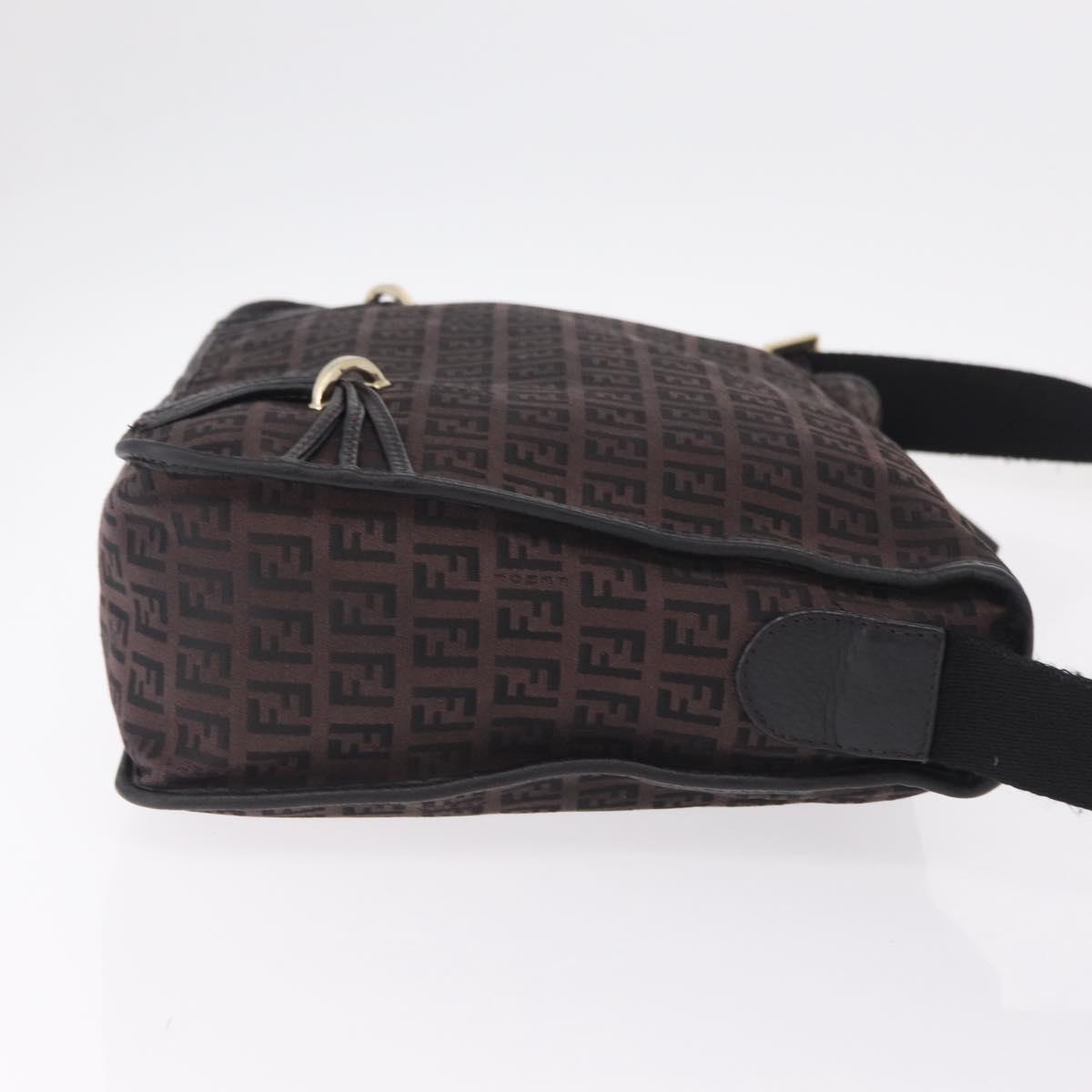 FENDI Zucchino Canvas Shoulder Bag Dark Brown Gold Auth 206775A