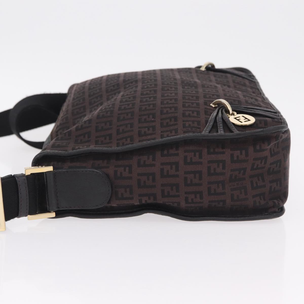 FENDI Zucchino Canvas Shoulder Bag Dark Brown Gold Auth 206775A