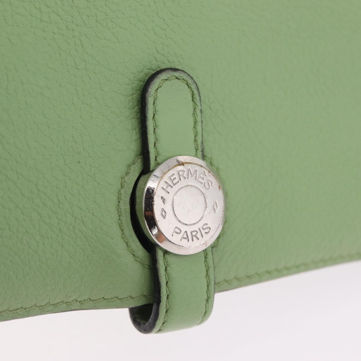 HERMES Dogon Long Wallet Leather Green Silver Auth 206778M