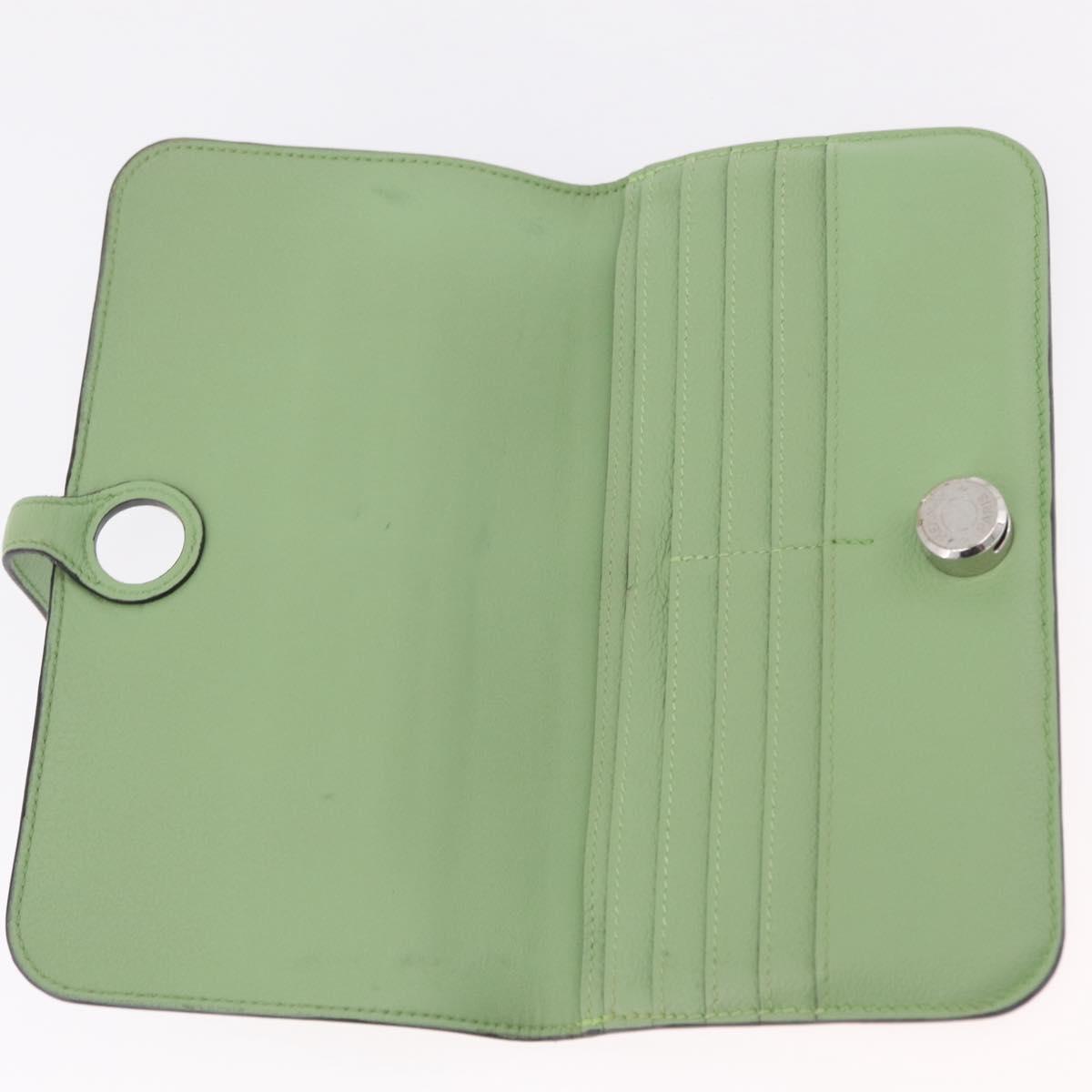 HERMES Dogon Long Wallet Leather Green Silver Auth 206778M