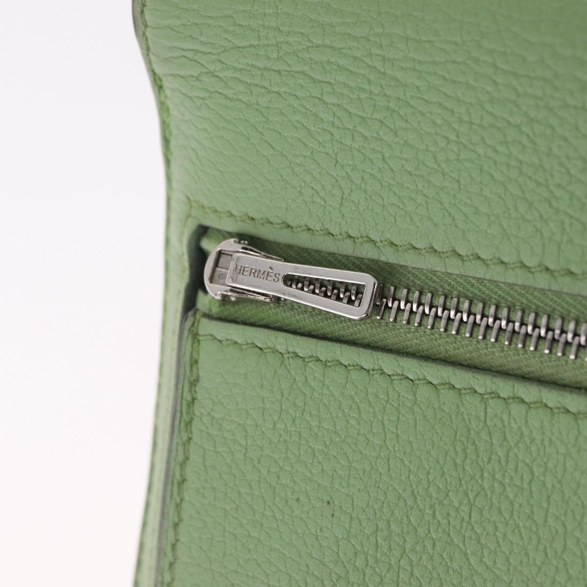 HERMES Dogon Long Wallet Leather Green Silver Auth 206778M