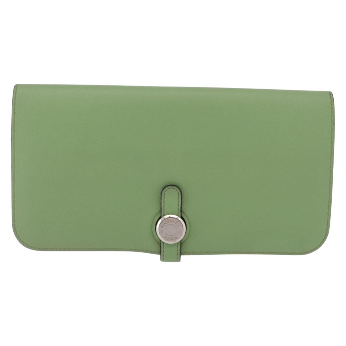 HERMES Dogon Long Wallet Leather Green Silver Auth 206778M