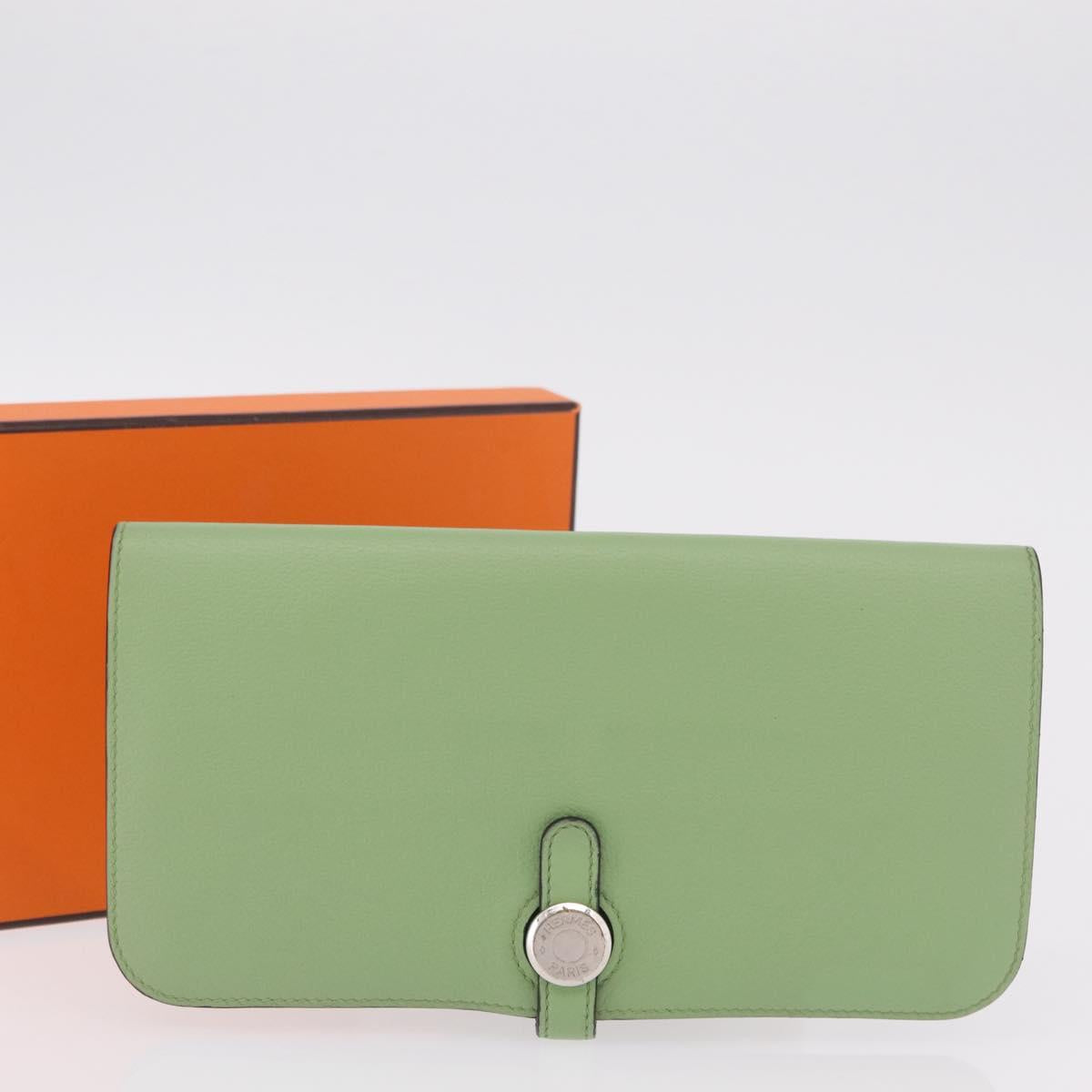 HERMES Dogon Long Wallet Leather Green Silver Auth 206778M