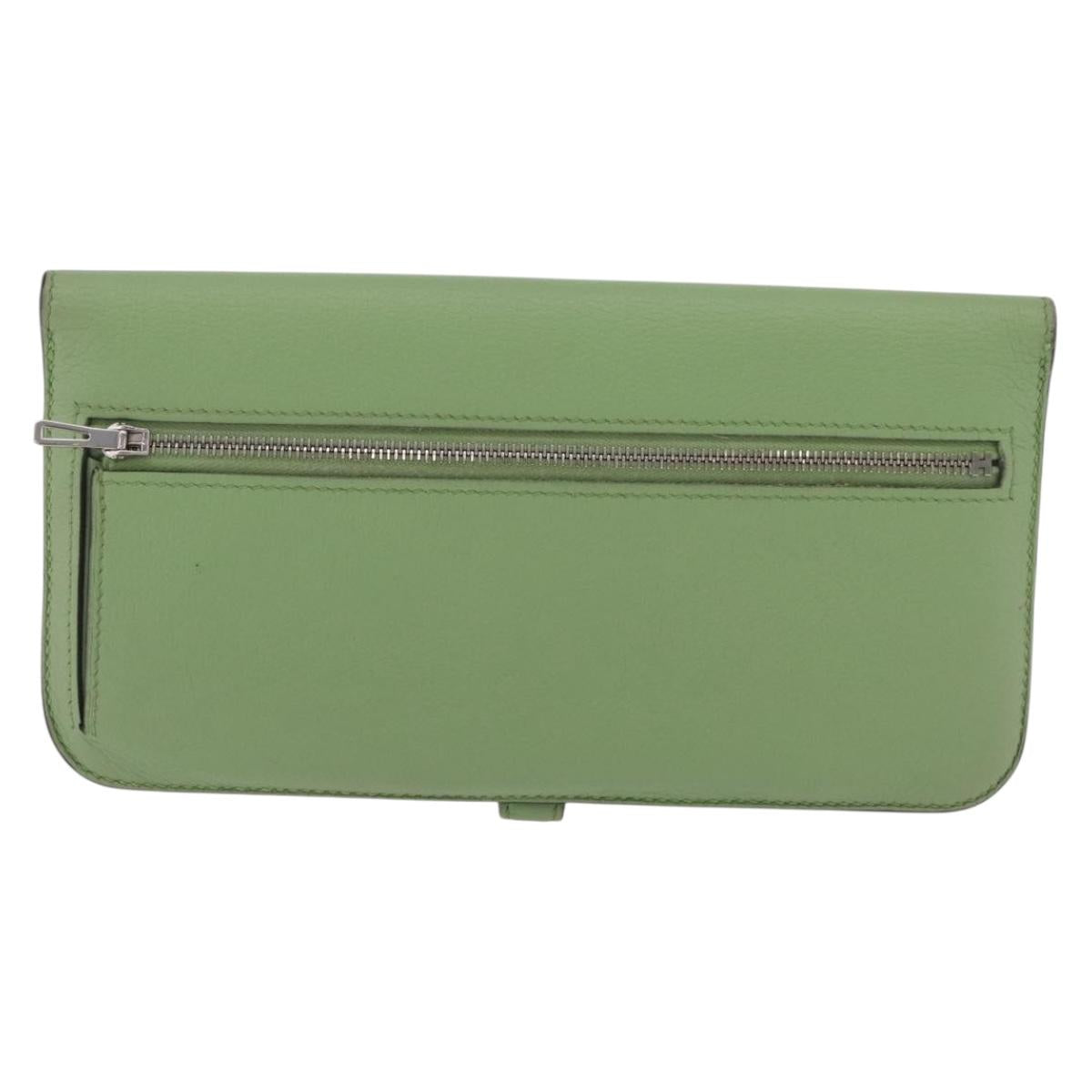 HERMES Dogon Long Wallet Leather Green Silver Auth 206778M