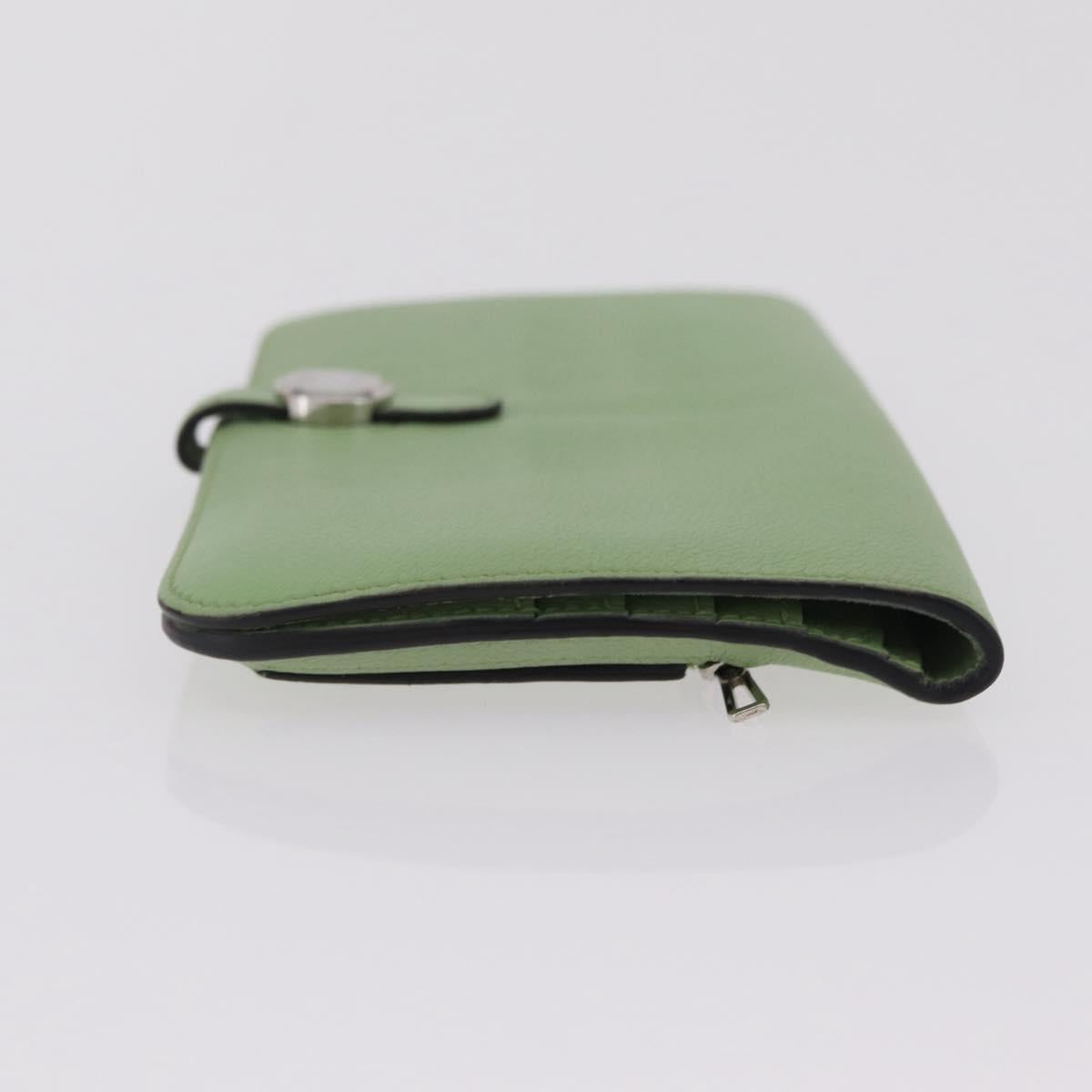 HERMES Dogon Long Wallet Leather Green Silver Auth 206778M