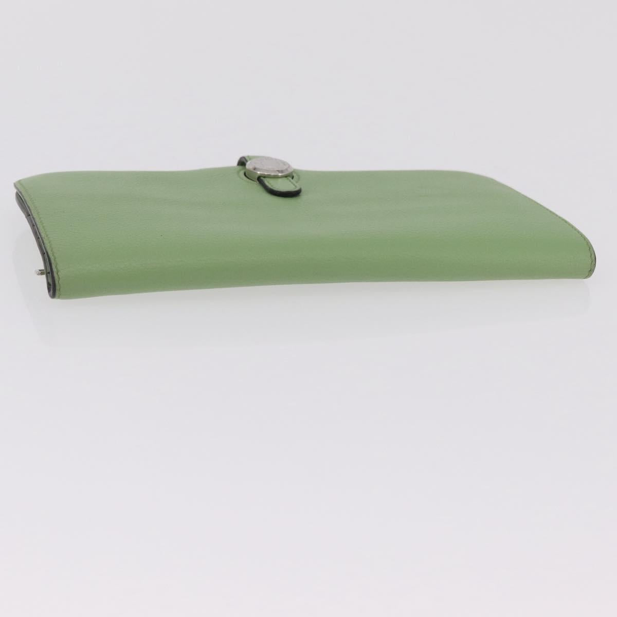 HERMES Dogon Long Wallet Leather Green Silver Auth 206778M