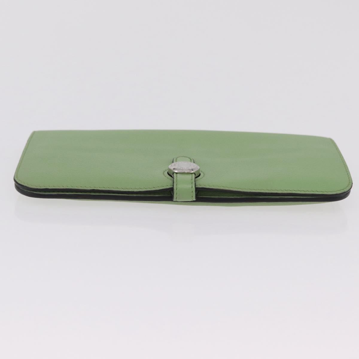 HERMES Dogon Long Wallet Leather Green Silver Auth 206778M