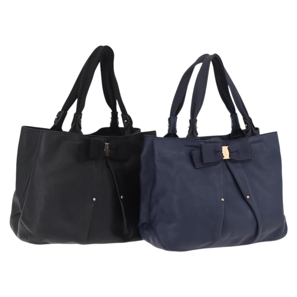Salvatore Ferragamo Vala Tote Bag Leather 2 Set Black Navy Auth 206780