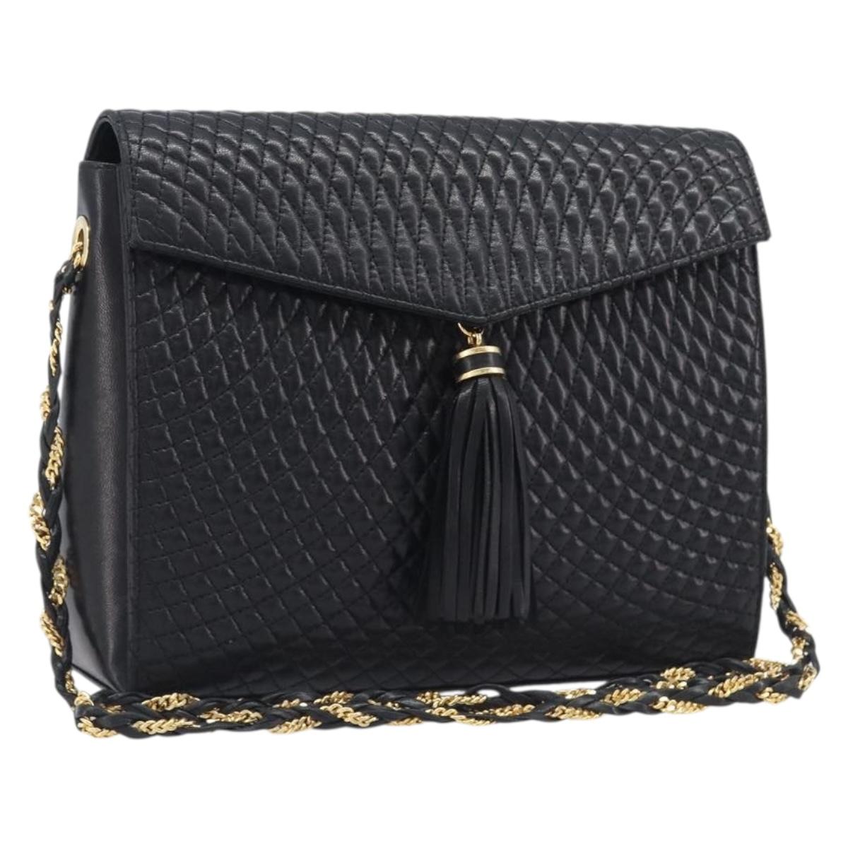 Bally Chain Shoulder Bag Leather Black Gold Auth 206785A