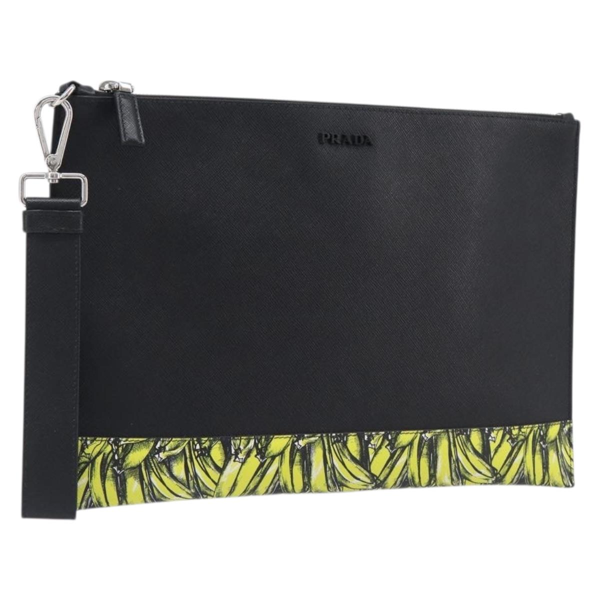 PRADA Clutch Bag Safiano Leather Black Silver Auth 206786M