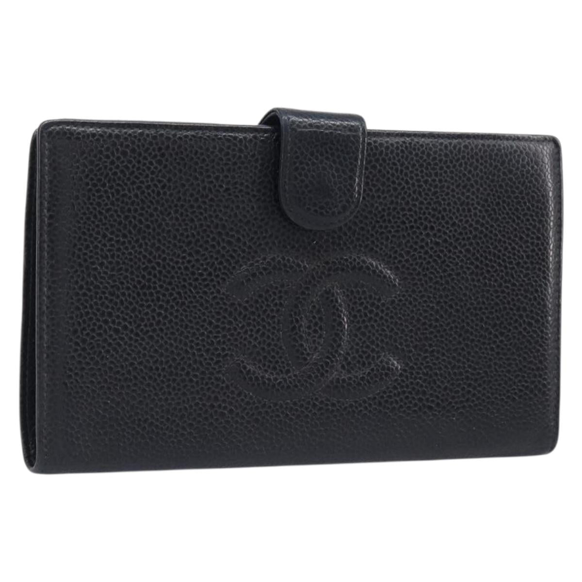 CHANEL Long Wallet Caviar Skin Black Gold CC Auth 206812